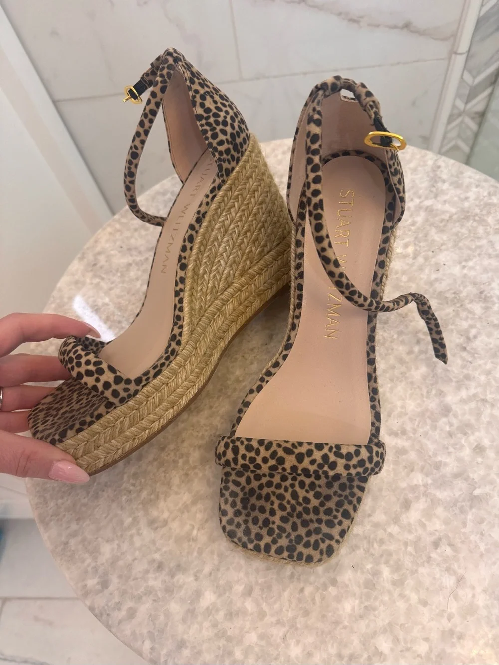 Stuart Weitzman Leopard Print Espadrille Wedge Sandals - Tan/Black